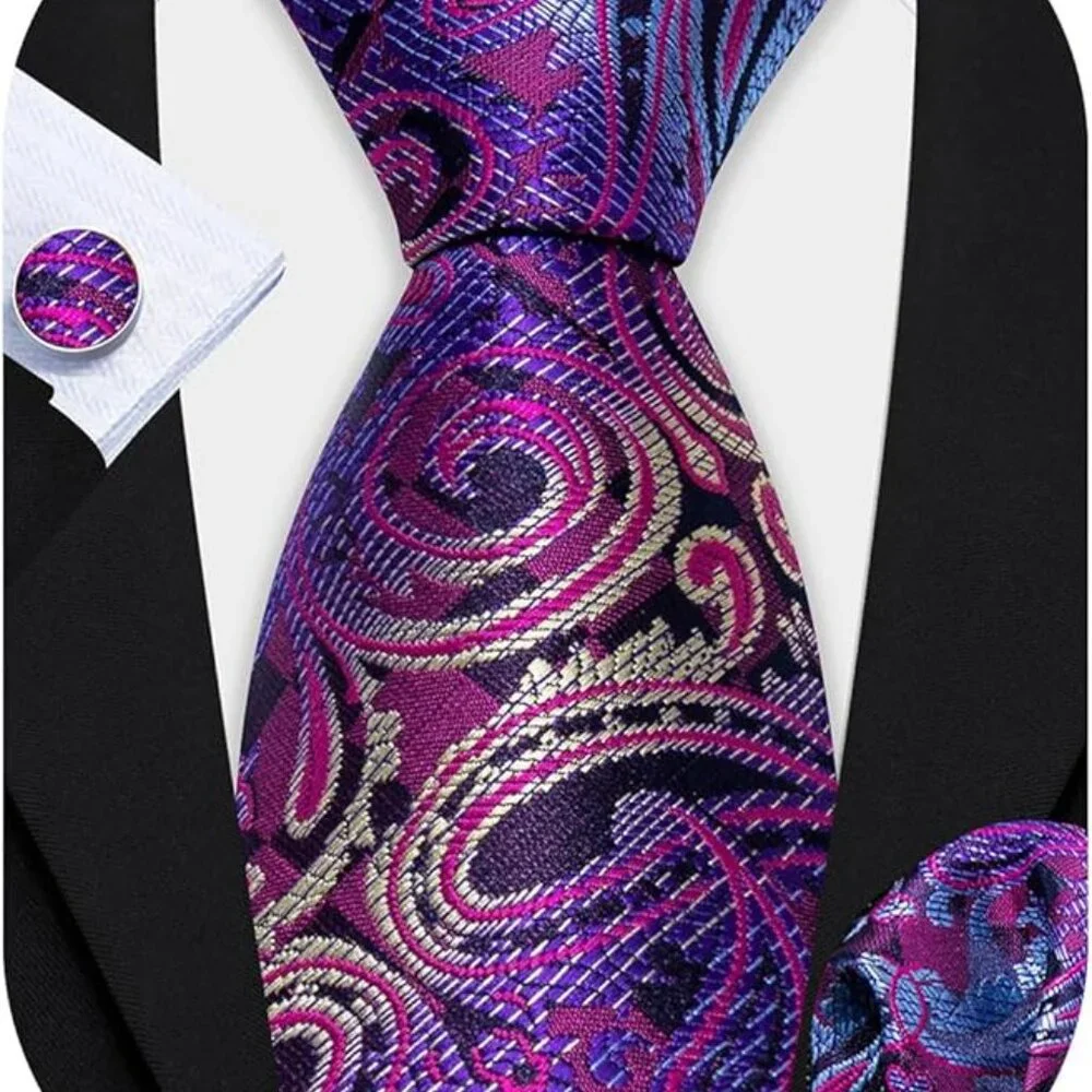 SILK Paisley Necktie And Pocket Square Cufflinks Set Purple